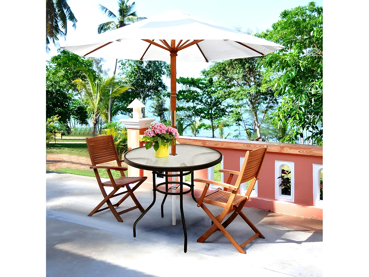 Table de Jardin Ronde en Verre Trempé Plateau ø 80 CM avec Trou de Parasol Hauteur 70 CM pour, Bistro,Patio, Terrasse Noir