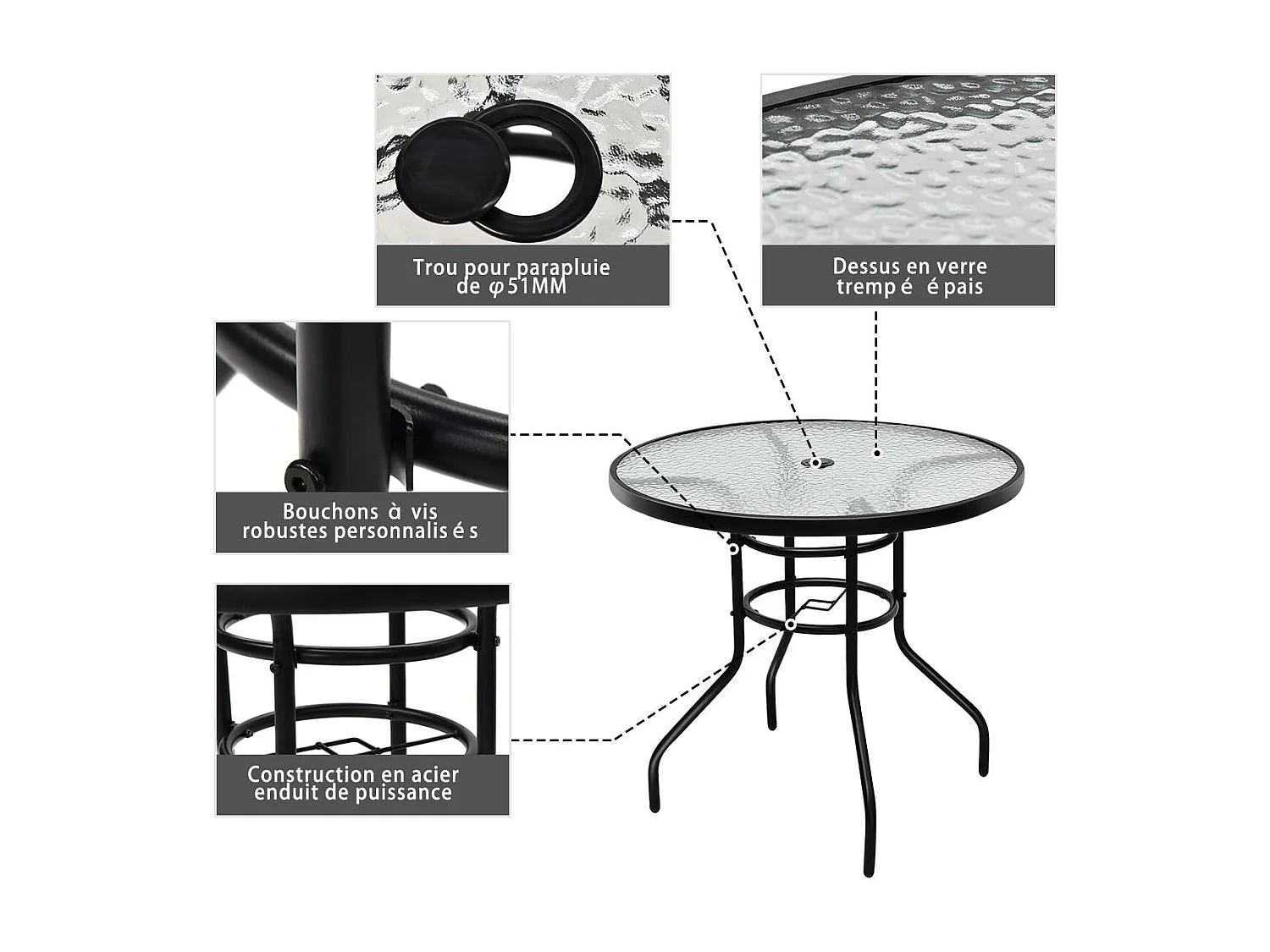 Table de Jardin Ronde en Verre Trempé Plateau ø 80 CM avec Trou de Parasol Hauteur 70 CM pour, Bistro,Patio, Terrasse Noir