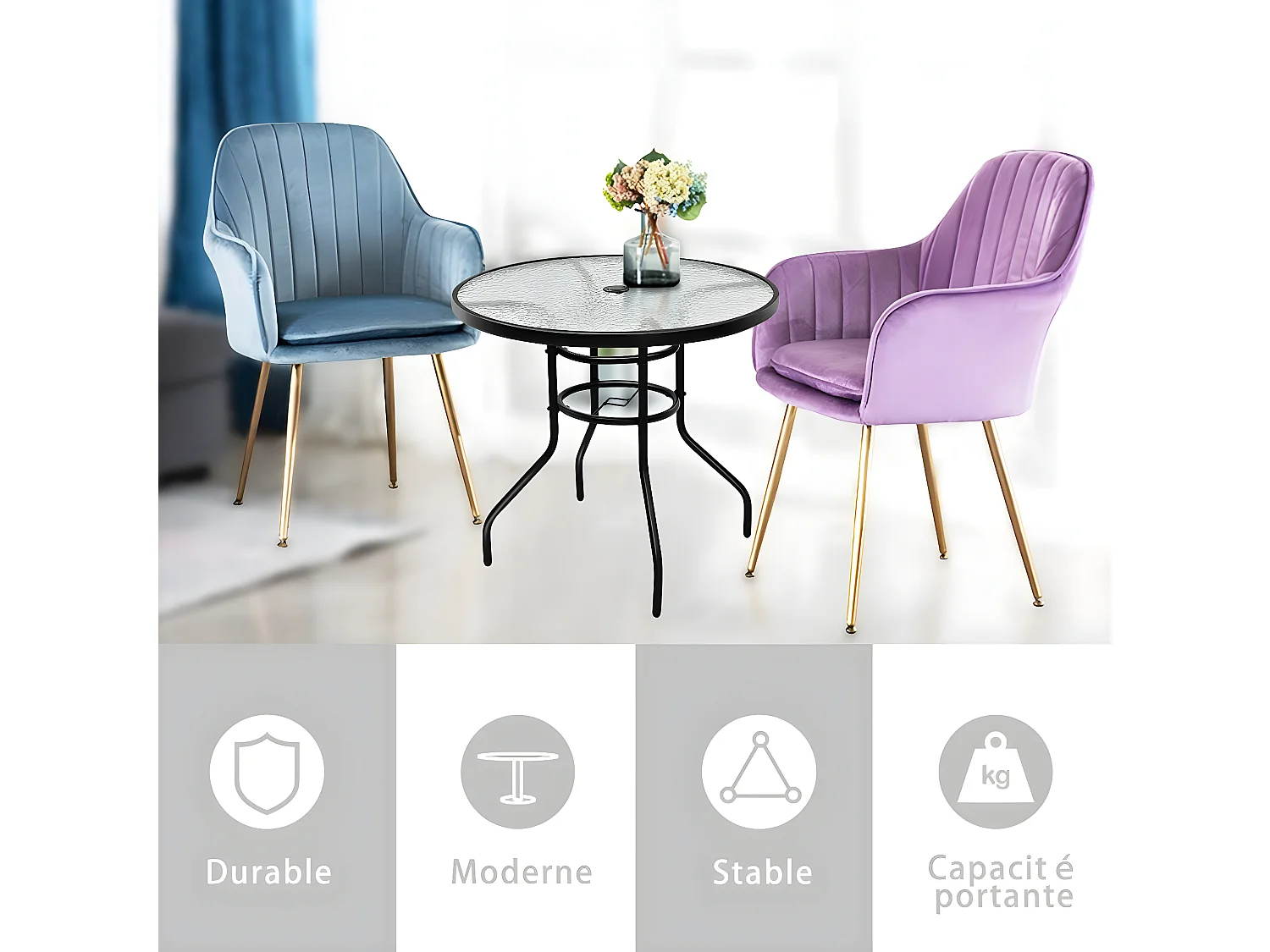 Table de Jardin Ronde en Verre Trempé Plateau ø 80 CM avec Trou de Parasol Hauteur 70 CM pour, Bistro,Patio, Terrasse Noir