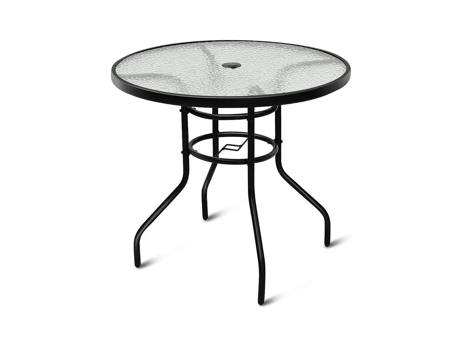 Table de Jardin Ronde en Verre Trempé Plateau ø 80 CM avec Trou de Parasol Hauteur 70 CM pour, Bistro,Patio, Terrasse Noir