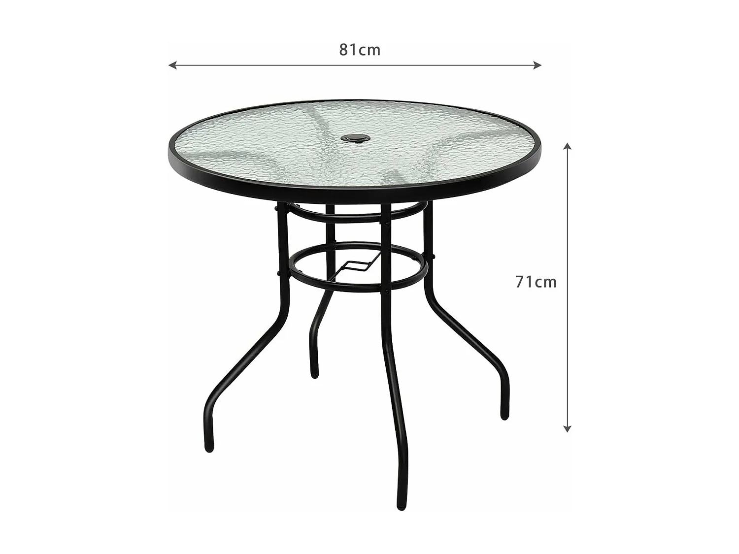 Table de Jardin Ronde en Verre Trempé Plateau ø 80 CM avec Trou de Parasol Hauteur 70 CM pour, Bistro,Patio, Terrasse Noir