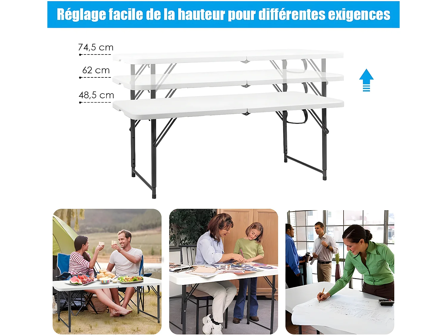 Table Pliante en Plastique, pour CamBoisg Jardin Cuisine Matériaux HDPE,122 x 61 x 72 CM，Blanc
