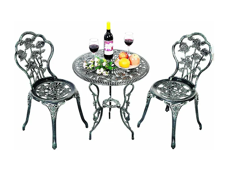 Salon de Jardin 3Pcs en Fonte Aluminium, Ensemble 2 Chaises et 1 Table Ronde Style Antique avec Motif Rose Chaise Charge 150 kg (Vert)