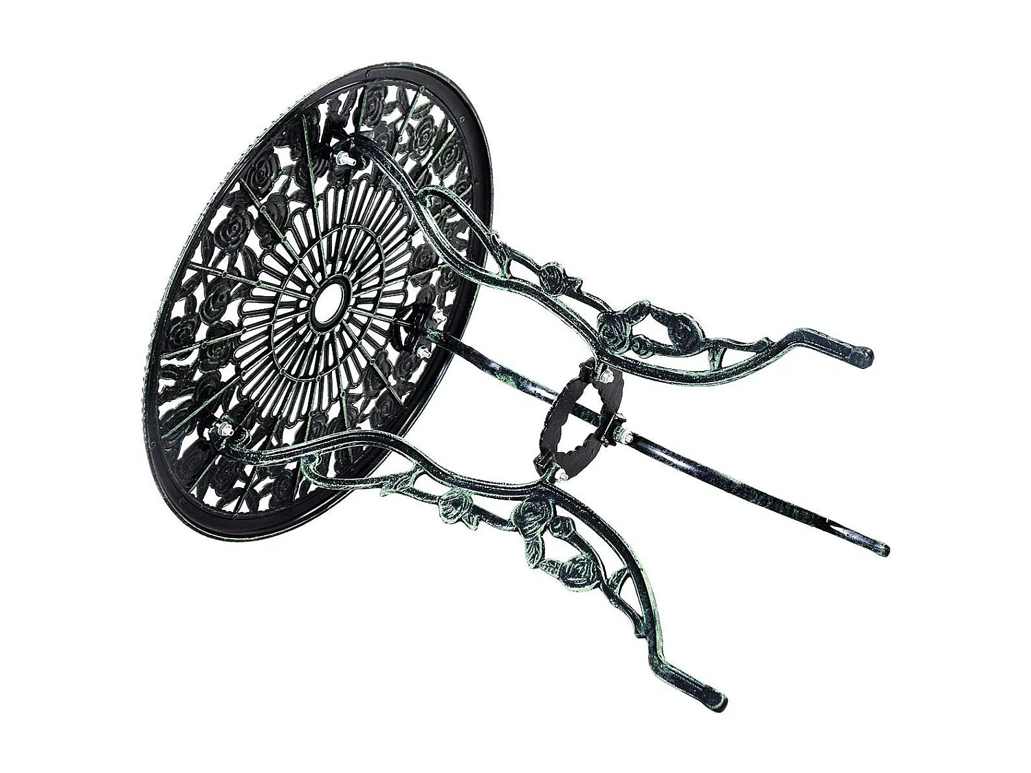 3-delige tuinmeubelset van gegoten aluminium, 2 stoelen en 1 ronde tafel in antieke stijl met rozenpatroon. Stoelbelasting 150 kg (groen)