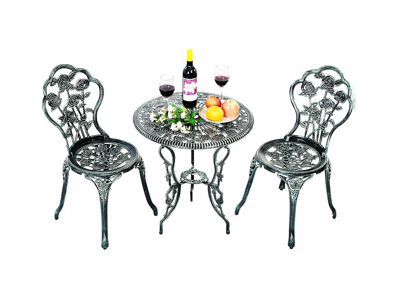 Salon de Jardin 3Pcs en Fonte Aluminium, Ensemble 2 Chaises et 1 Table Ronde Style Antique avec Motif Rose Chaise Charge 150 kg (Vert)
