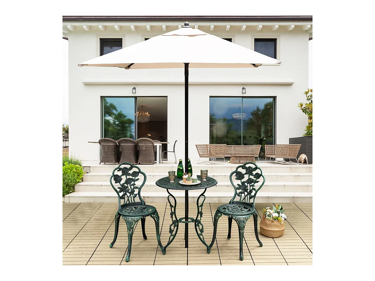 Salon de Jardin 3Pcs en Fonte Aluminium, Ensemble 2 Chaises et 1 Table Ronde Style Antique avec Motif Rose Chaise Charge 150 kg (Vert)