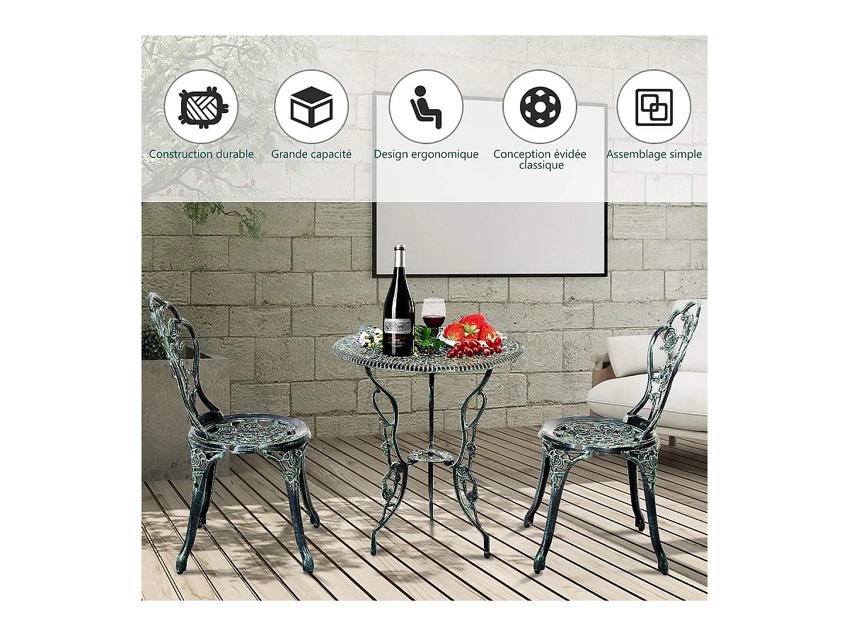 Salon de Jardin 3Pcs en Fonte Aluminium, Ensemble 2 Chaises et 1 Table Ronde Style Antique avec Motif Rose Chaise Charge 150 kg (Vert)