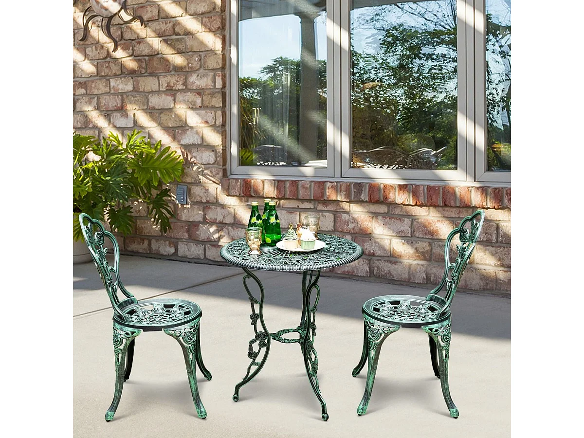 Salon de Jardin 3Pcs en Fonte Aluminium, Ensemble 2 Chaises et 1 Table Ronde Style Antique avec Motif Rose Chaise Charge 150 kg (Vert)