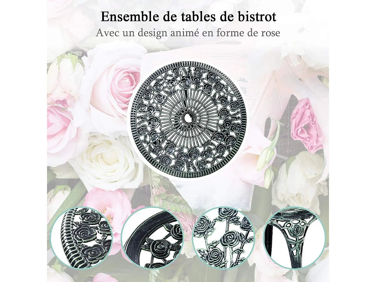 Salon de Jardin 3Pcs en Fonte Aluminium, Ensemble 2 Chaises et 1 Table Ronde Style Antique avec Motif Rose Chaise Charge 150 kg (Vert)