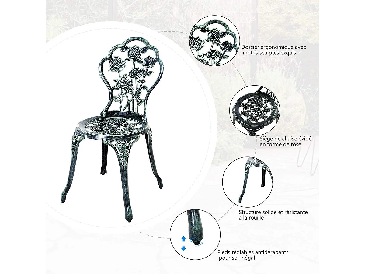 Salon de Jardin 3Pcs en Fonte Aluminium, Ensemble 2 Chaises et 1 Table Ronde Style Antique avec Motif Rose Chaise Charge 150 kg (Vert)