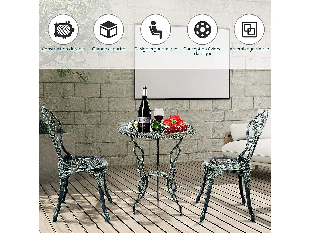 Salon de Jardin 3Pcs en Fonte Aluminium, Ensemble 2 Chaises et 1 Table Ronde Style Antique avec Motif Rose Chaise Charge 150 kg (Vert)