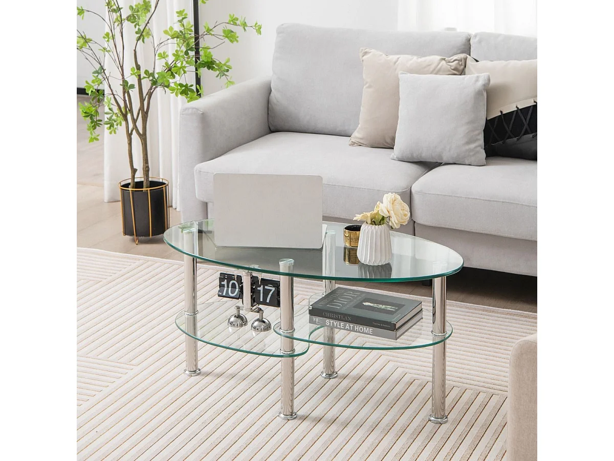 Table Basse en Verre Trempé Table de Salon avec 3 Etagères pour Salle, Salon, Chambre 89 x 50 x 45cm Transparente