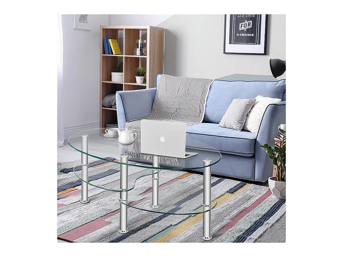 Table Basse en Verre Trempé Table de Salon avec 3 Etagères pour Salle, Salon, Chambre 89 x 50 x 45cm Transparente