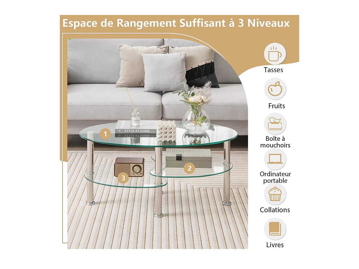 Table Basse en Verre Trempé Table de Salon avec 3 Etagères pour Salle, Salon, Chambre 89 x 50 x 45cm Transparente