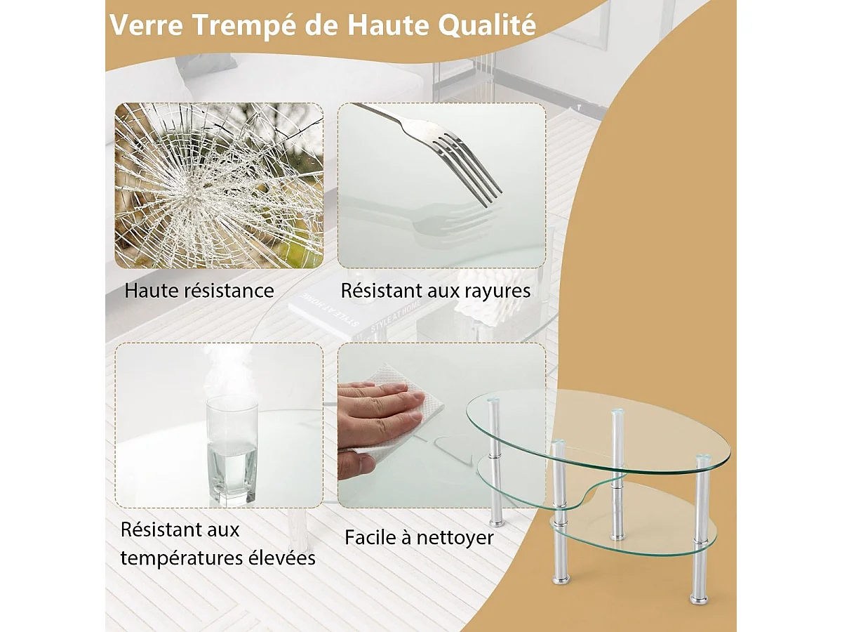 Table Basse en Verre Trempé Table de Salon avec 3 Etagères pour Salle, Salon, Chambre 89 x 50 x 45cm Transparente
