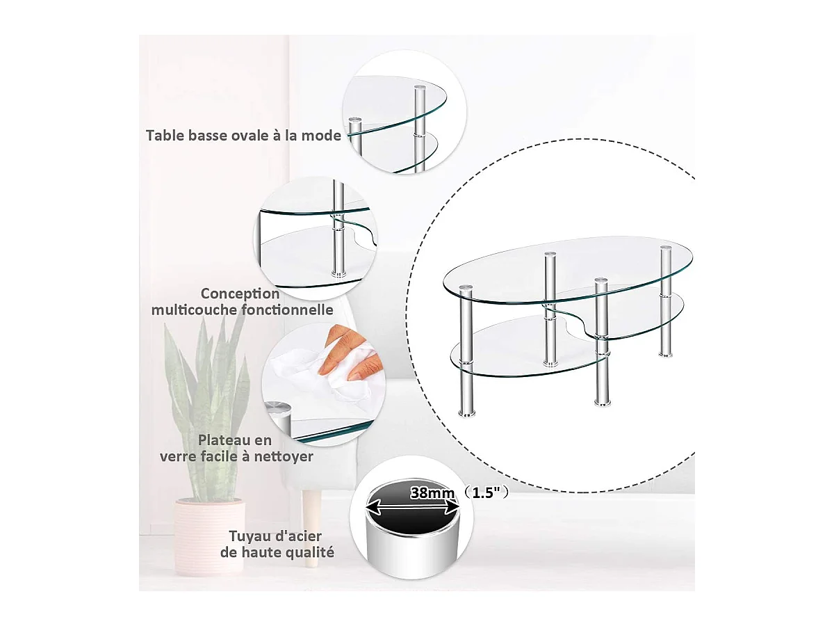 Table Basse en Verre Trempé Table de Salon avec 3 Etagères pour Salle, Salon, Chambre 89 x 50 x 45cm Transparente