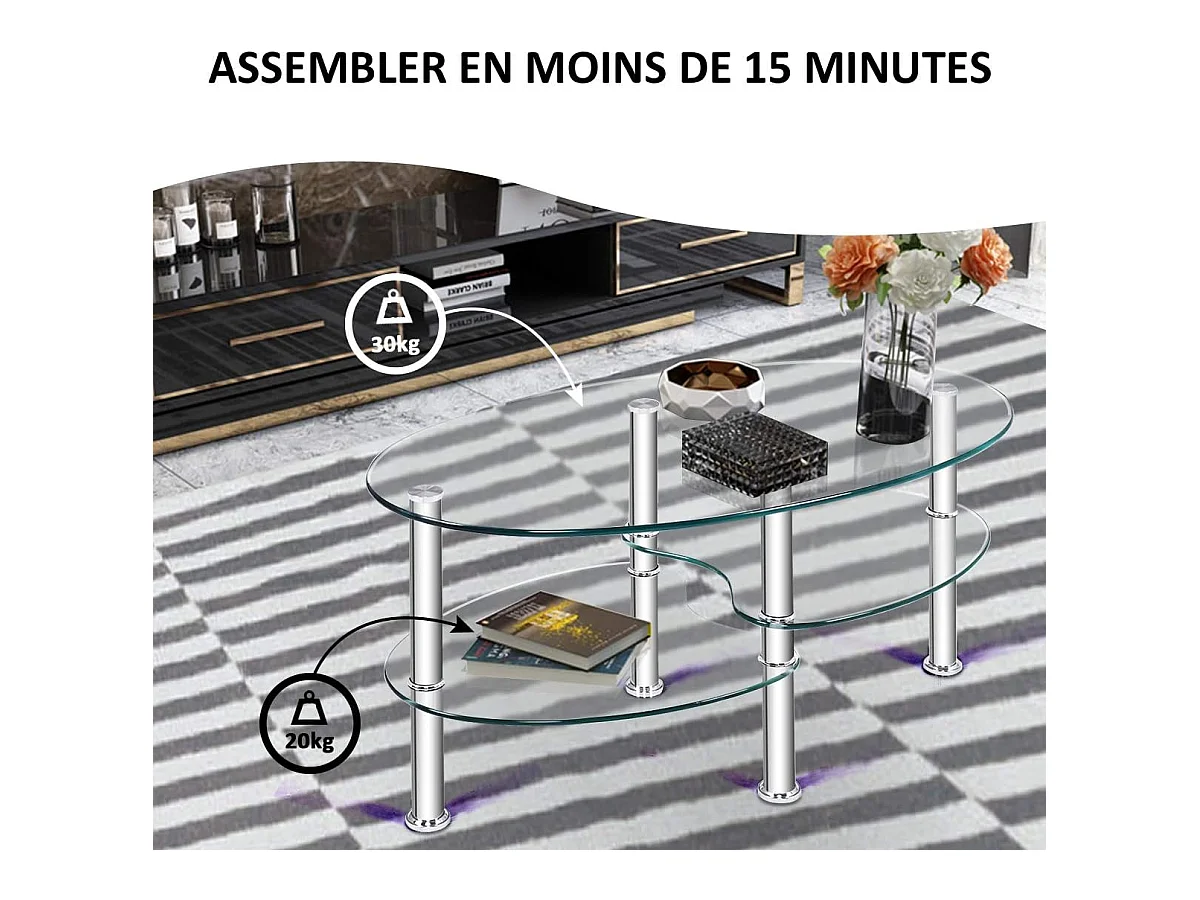 Table Basse en Verre Trempé Table de Salon avec 3 Etagères pour Salle, Salon, Chambre 89 x 50 x 45cm Transparente