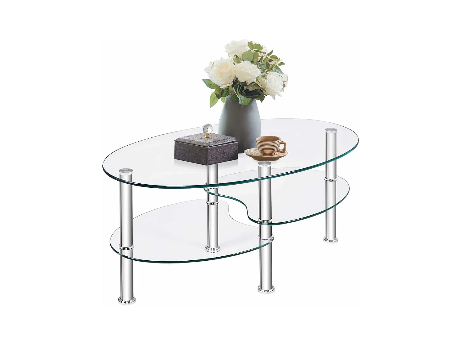Table Basse en Verre Trempé Table de Salon avec 3 Etagères pour Salle, Salon, Chambre 89 x 50 x 45cm Transparente
