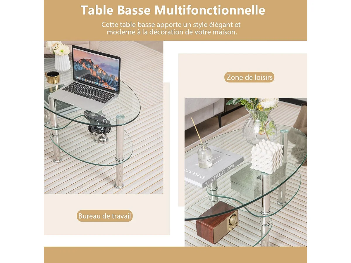 Gehard glazen salontafel woonkamertafel met 3 planken voor eetkamer, woonkamer, slaapkamer 89 x 50 x 45 cm transparant