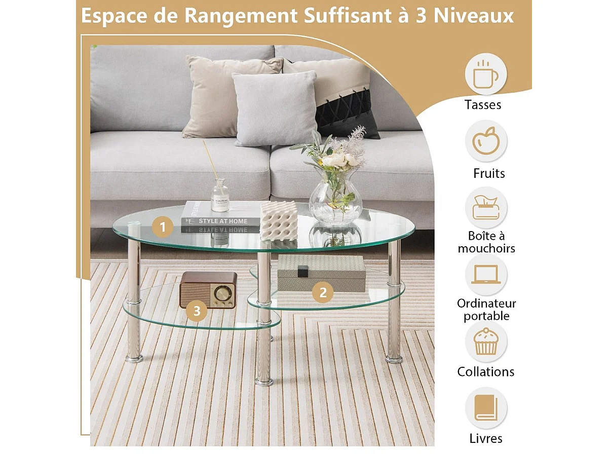 Gehard glazen salontafel woonkamertafel met 3 planken voor eetkamer, woonkamer, slaapkamer 89 x 50 x 45 cm transparant