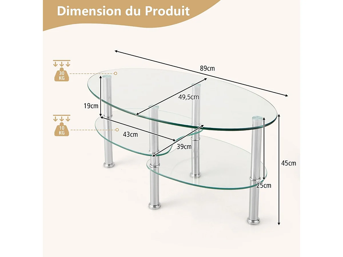 Gehard glazen salontafel woonkamertafel met 3 planken voor eetkamer, woonkamer, slaapkamer 89 x 50 x 45 cm transparant