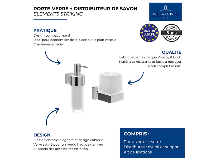Porte-verre + Distributeur de savon VILLEROY & BOCH Elements Striking Chrome