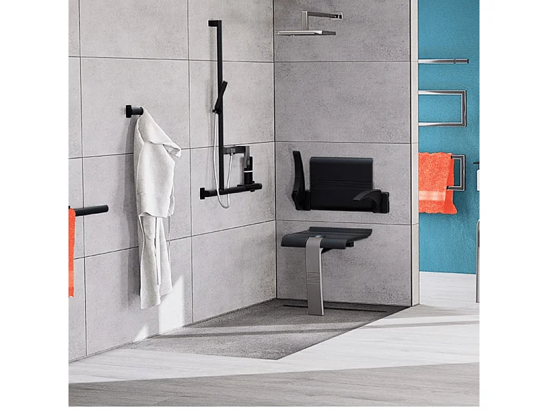 Siège de douche PMR PELLET Design escamotable gris anthracite piètement aluminium époxy gris