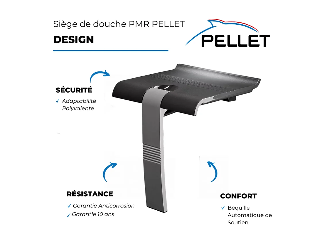 Siège de douche PMR PELLET Design escamotable gris anthracite piètement aluminium époxy gris