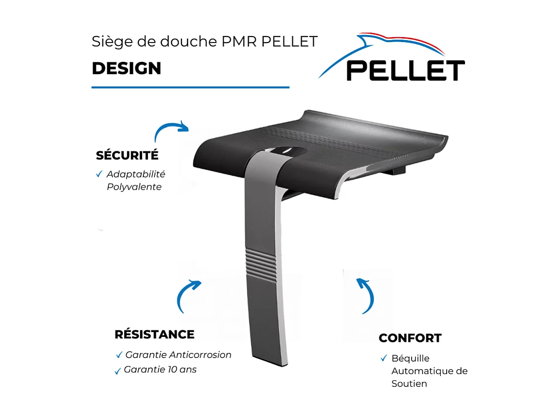 Siège de douche PMR PELLET Design escamotable gris anthracite piètement aluminium époxy gris