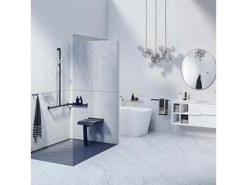 Siège de douche PMR PELLET Design escamotable gris anthracite piètement aluminium époxy gris