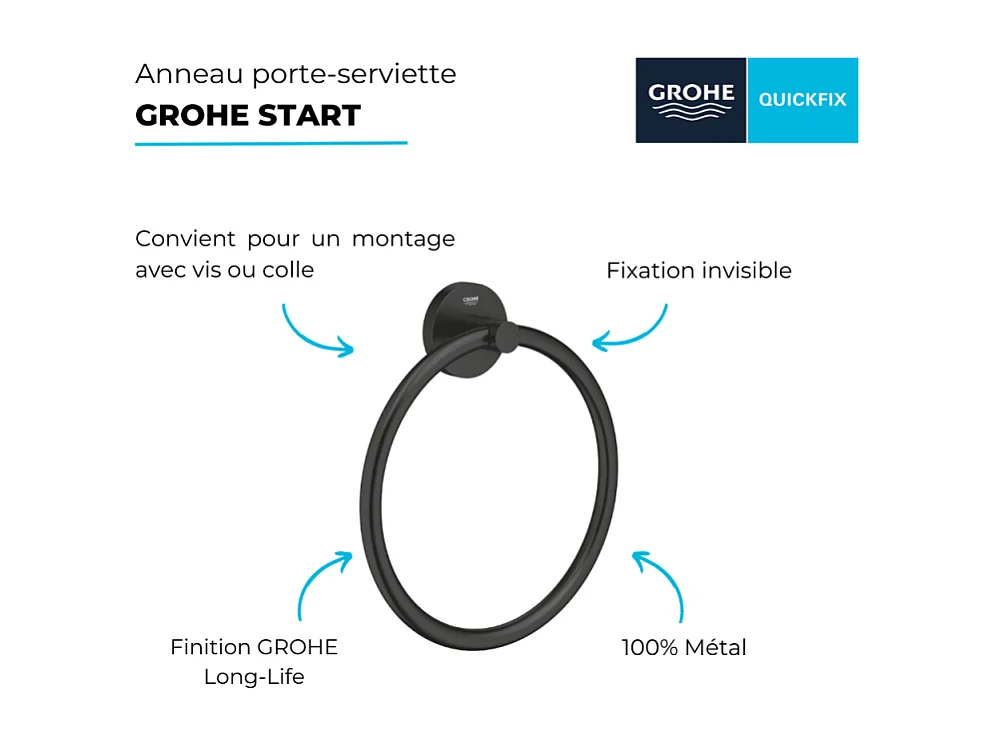 Anneau porte serviettes GROHE Start noir mat + nettoyant GrohClean