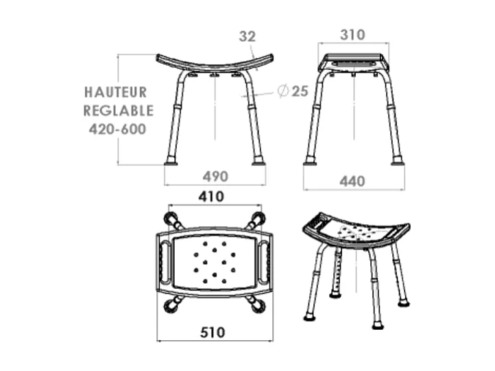 Tabouret de douche PMR PELLET Essentiel assise large hauteur réglable 2 poignées