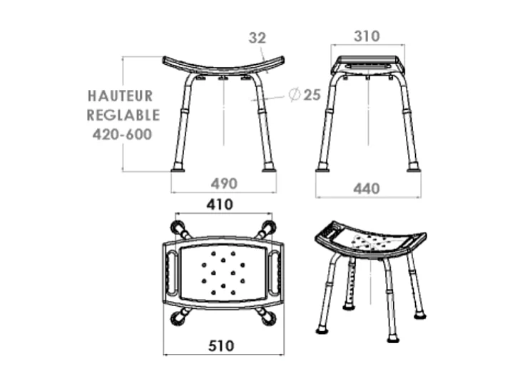 Tabouret de douche PMR PELLET Essentiel assise large hauteur réglable 2 poignées