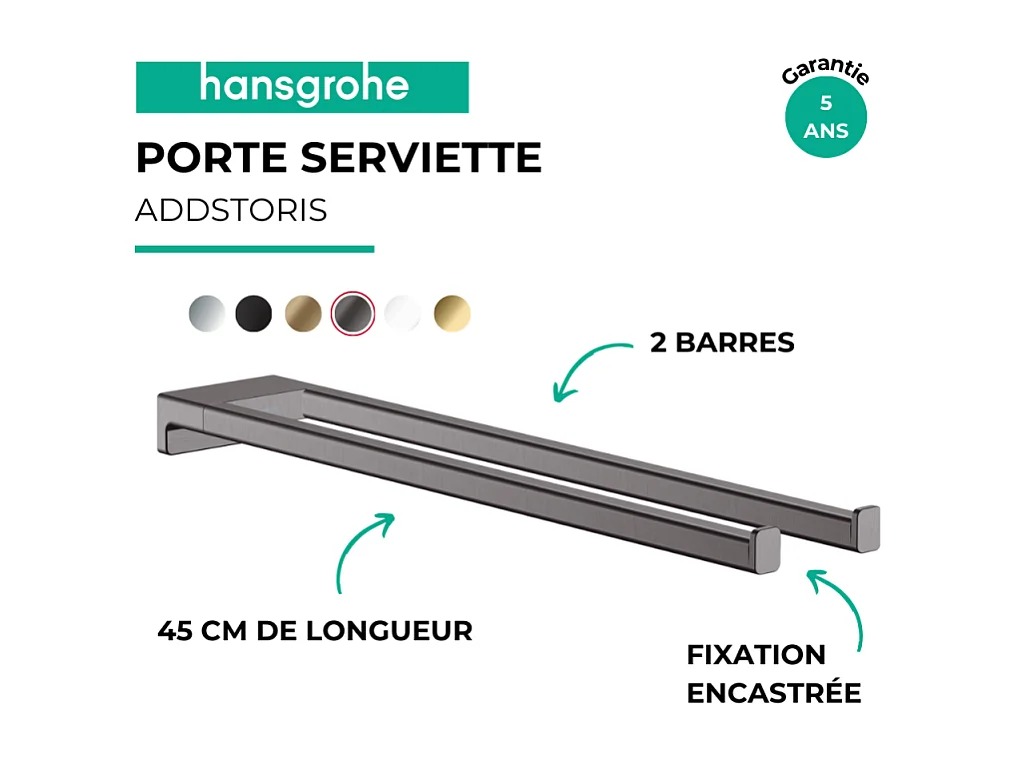 Porte-serviettes HANSGROHE AddStoris double branche 45 cm noir chromé brossé
