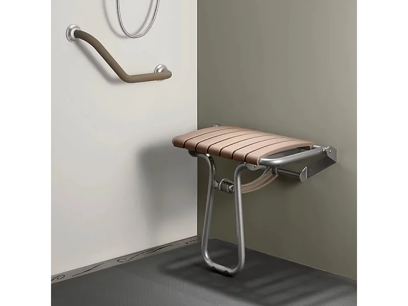 Siége de douche PMR PELLET Essentiel confort assise large avec pied aluminium époxy gris lattes taupe