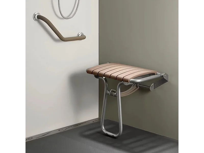 Siége de douche PMR PELLET Essentiel confort assise large avec pied aluminium époxy gris lattes taupe