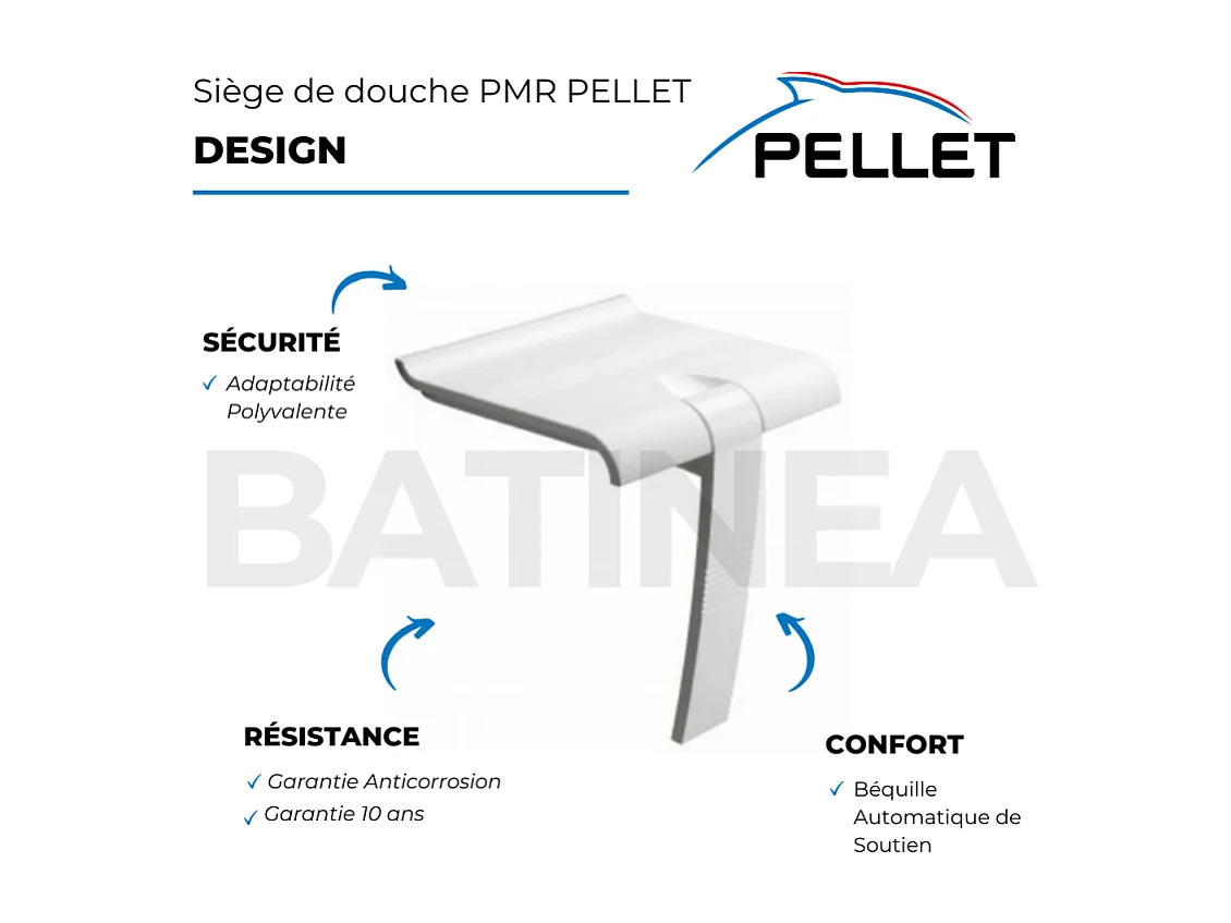 Siège de douche PMR PELLET Design escamotable blanc piètement aluminium époxy blanc
