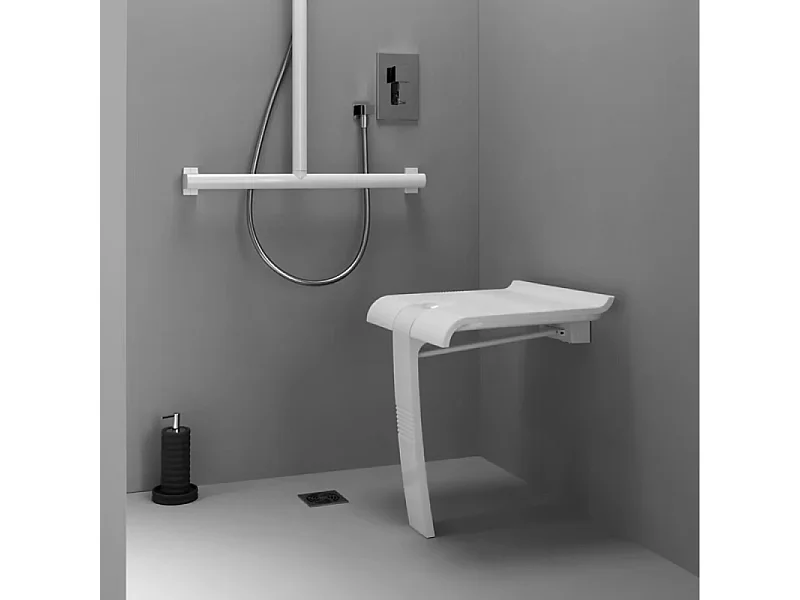 Siège de douche PMR PELLET Design escamotable blanc piètement aluminium époxy blanc