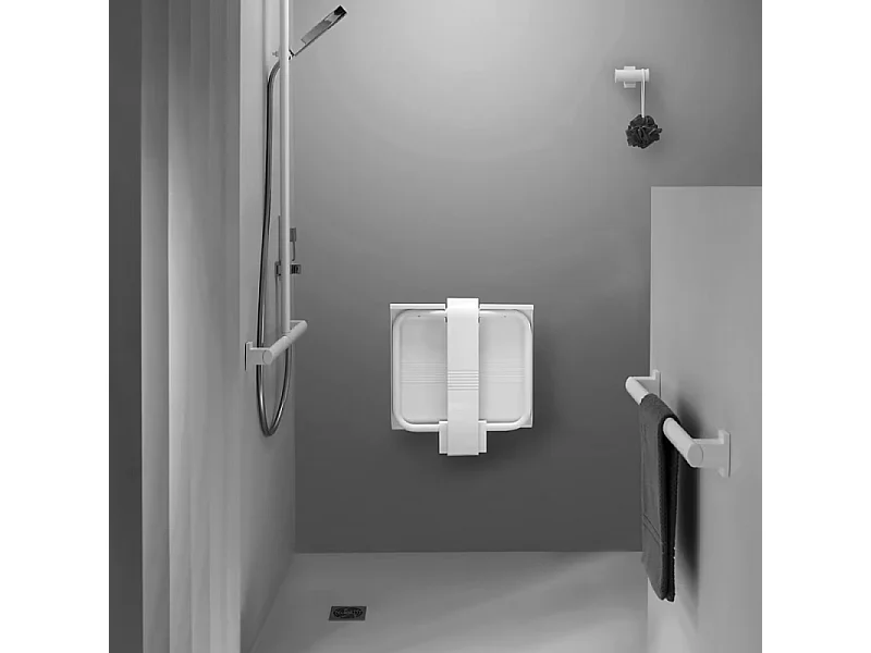 Siège de douche PMR PELLET Design escamotable blanc piètement aluminium époxy blanc