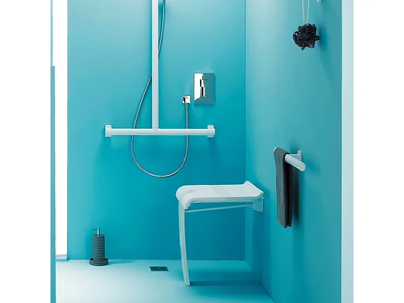 Siège de douche PMR PELLET Design escamotable blanc piètement aluminium époxy blanc