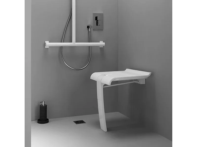 Siège de douche PMR PELLET Design escamotable blanc piètement aluminium époxy blanc
