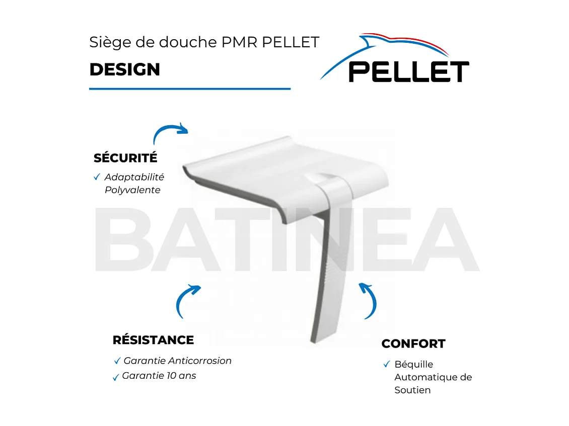 Siège de douche PMR PELLET Design escamotable blanc piètement aluminium époxy blanc