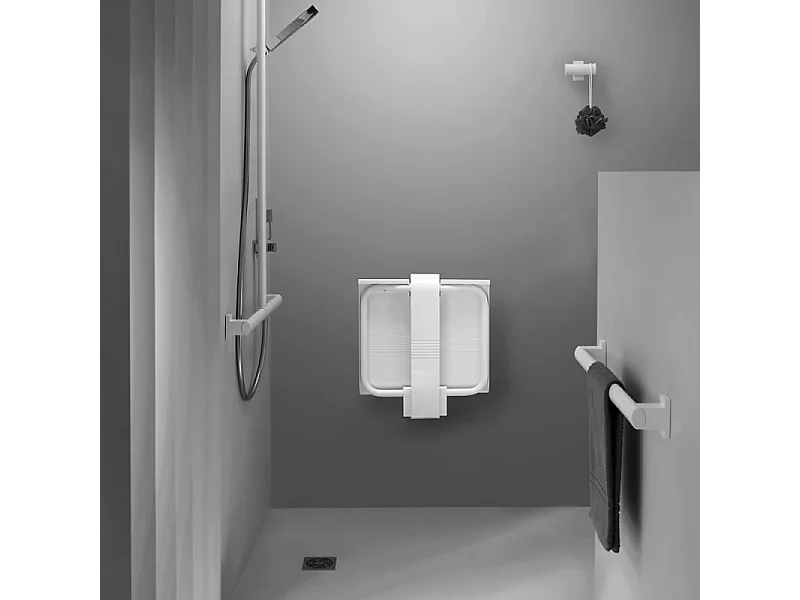 Siège de douche PMR PELLET Design escamotable blanc piètement aluminium époxy blanc