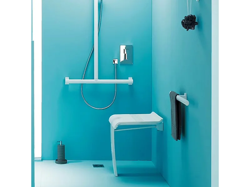 Siège de douche PMR PELLET Design escamotable blanc piètement aluminium époxy blanc