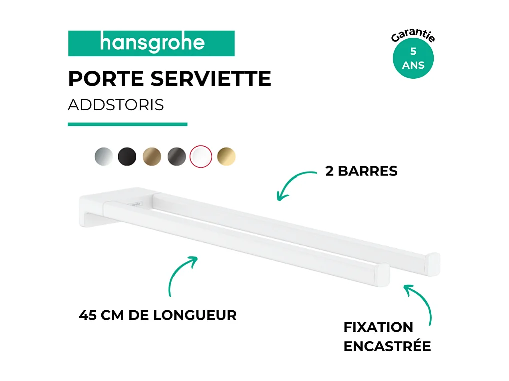 Porte-serviettes HANSGROHE AddStoris double branche 45 cm blanc mat