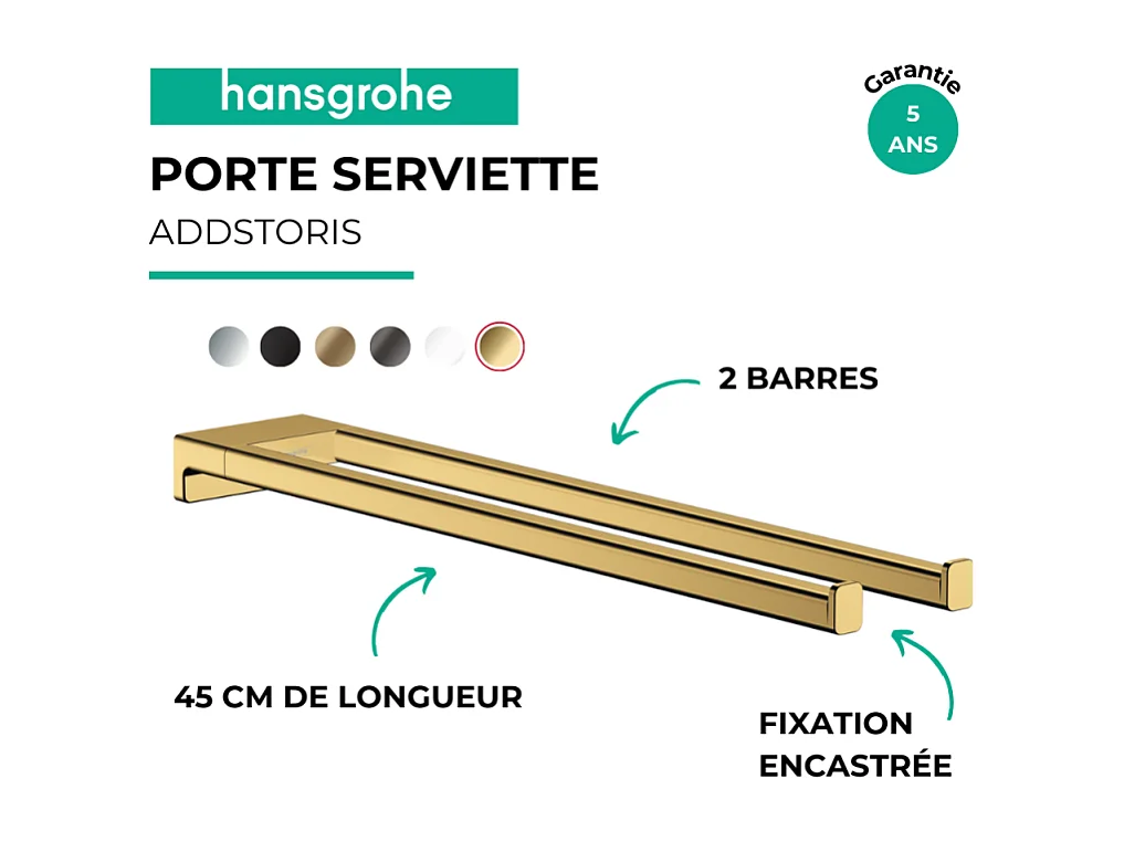 Porte-serviettes HANSGROHE AddStoris double branche 45 cm aspect doré poli