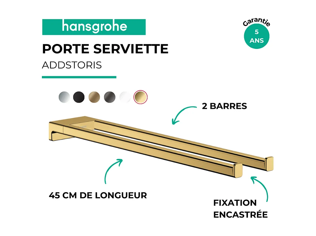 Porte-serviettes HANSGROHE AddStoris double branche 45 cm aspect doré poli