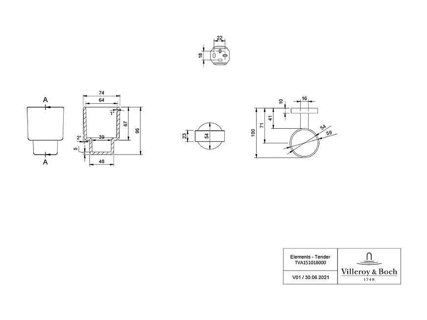 Porte-verre + Distributeur de savon + Barre porte-serviettes VILLEROY & BOCH Elements Tender