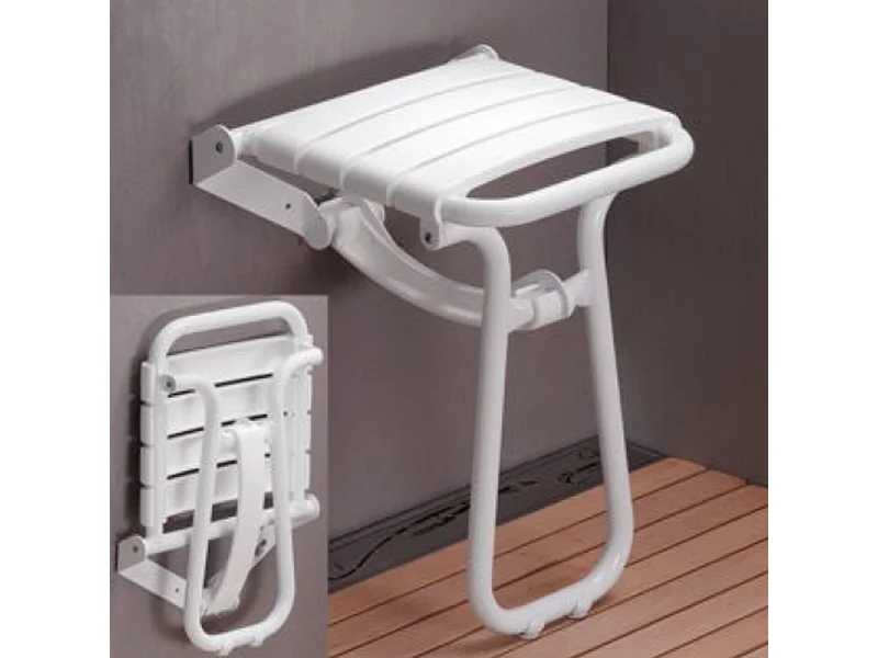 Siège de douche PMR PELLET Essentiel confort escamotable avec pied aluminium époxy blanc lattes blanches