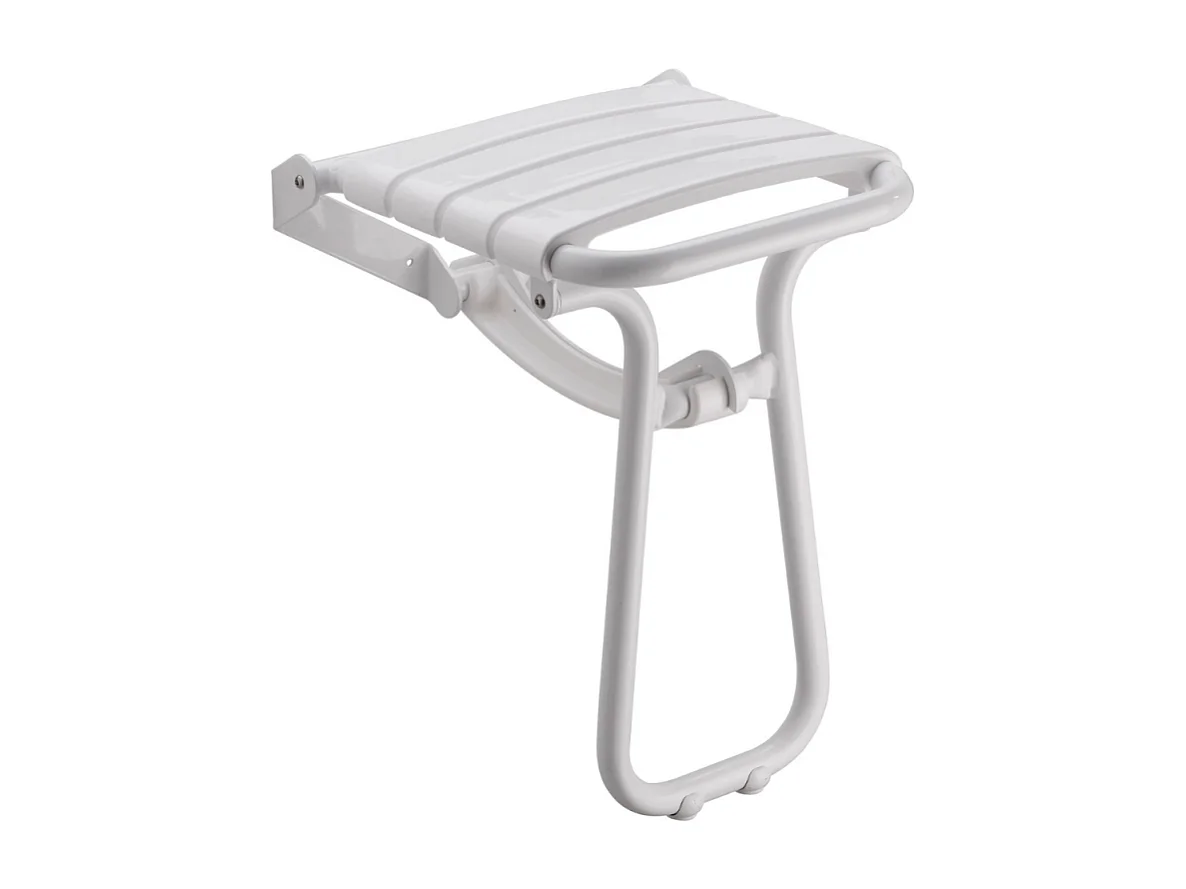 Siège de douche PMR PELLET Essentiel confort escamotable avec pied aluminium époxy blanc lattes blanches